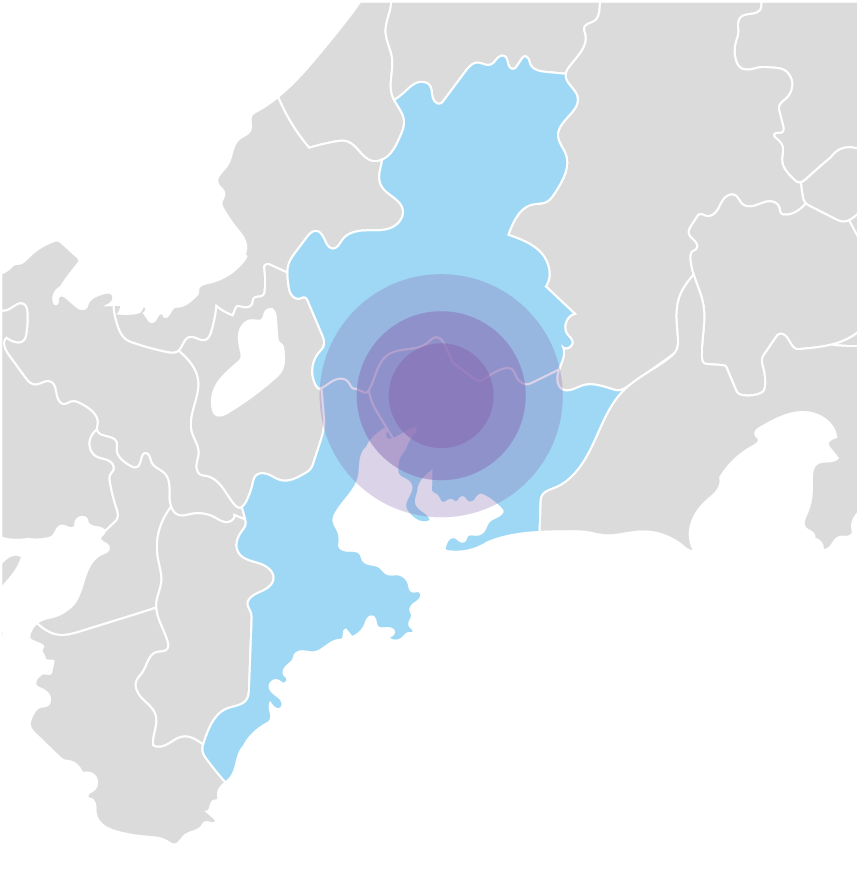 名古屋を中心とする、愛知県、岐阜県、三重県の地図